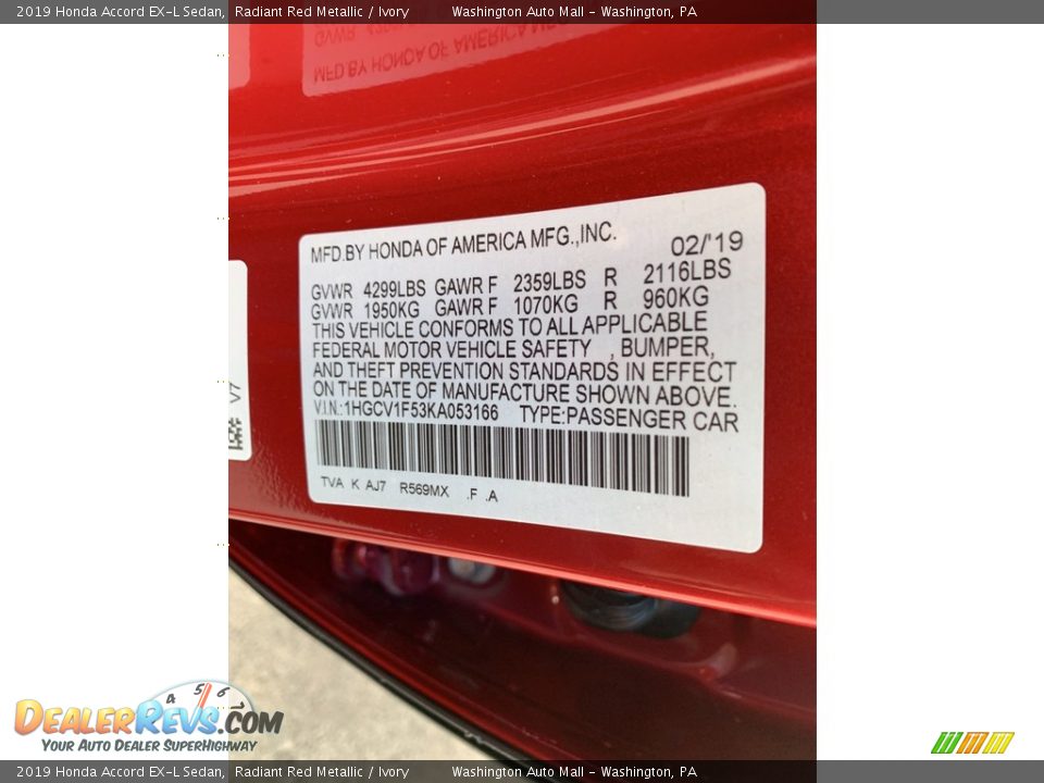 2019 Honda Accord EX-L Sedan Radiant Red Metallic / Ivory Photo #14