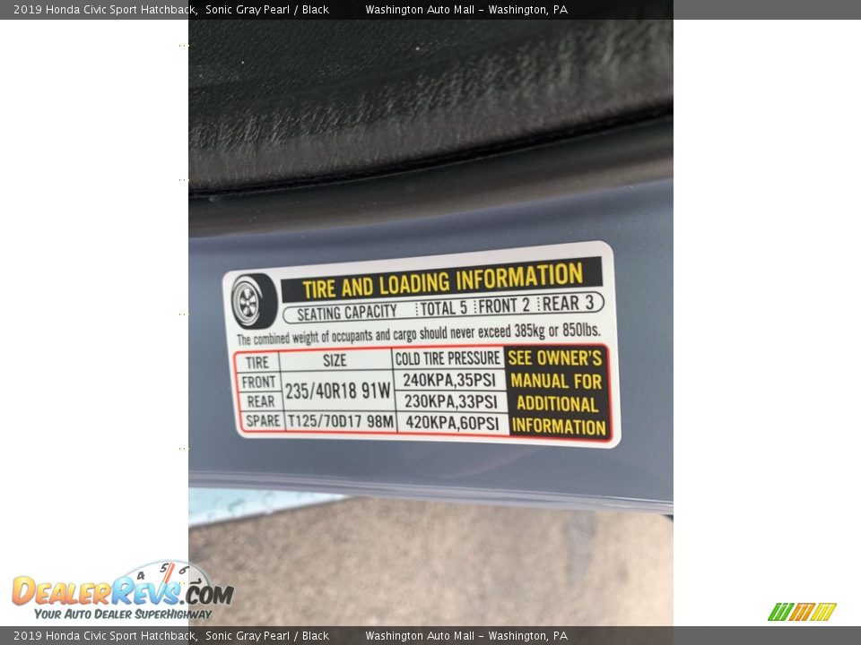 2019 Honda Civic Sport Hatchback Sonic Gray Pearl / Black Photo #13