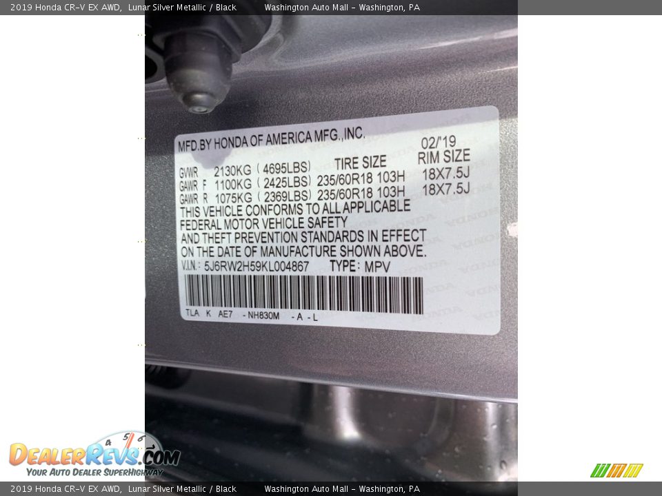 2019 Honda CR-V EX AWD Lunar Silver Metallic / Black Photo #14