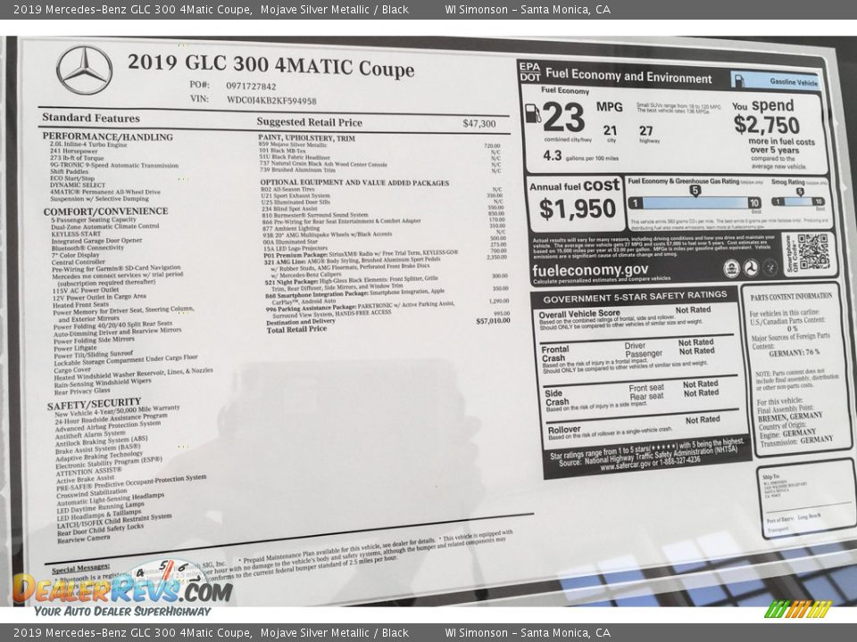 2019 Mercedes-Benz GLC 300 4Matic Coupe Window Sticker Photo #10