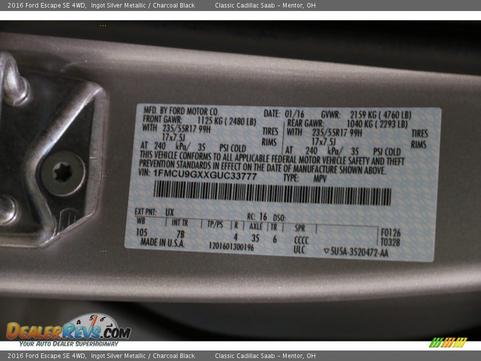 2016 Ford Escape SE 4WD Ingot Silver Metallic / Charcoal Black Photo #23