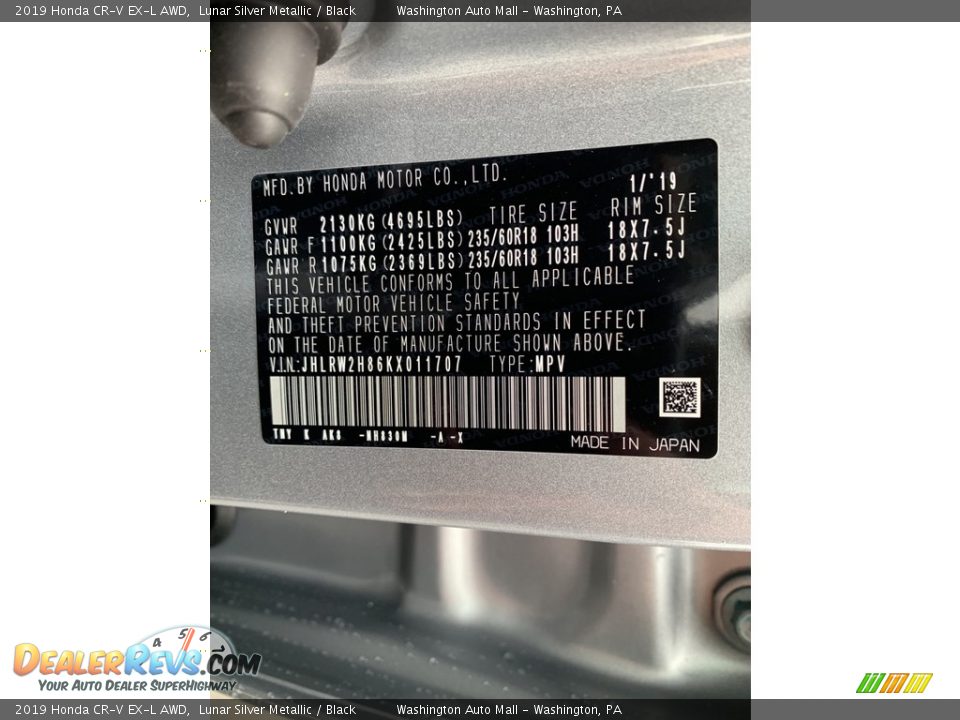 2019 Honda CR-V EX-L AWD Lunar Silver Metallic / Black Photo #14