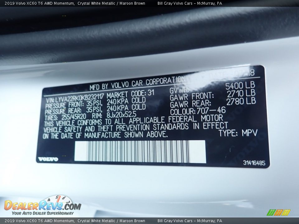 2019 Volvo XC60 T6 AWD Momentum Crystal White Metallic / Maroon Brown Photo #11