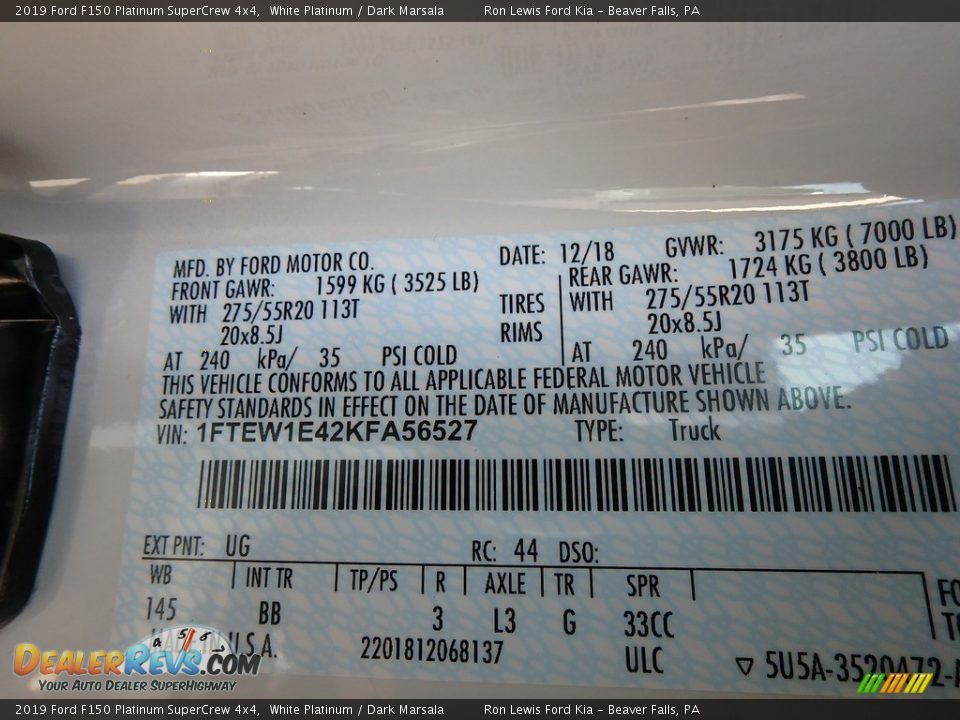 2019 Ford F150 Platinum SuperCrew 4x4 White Platinum / Dark Marsala Photo #14