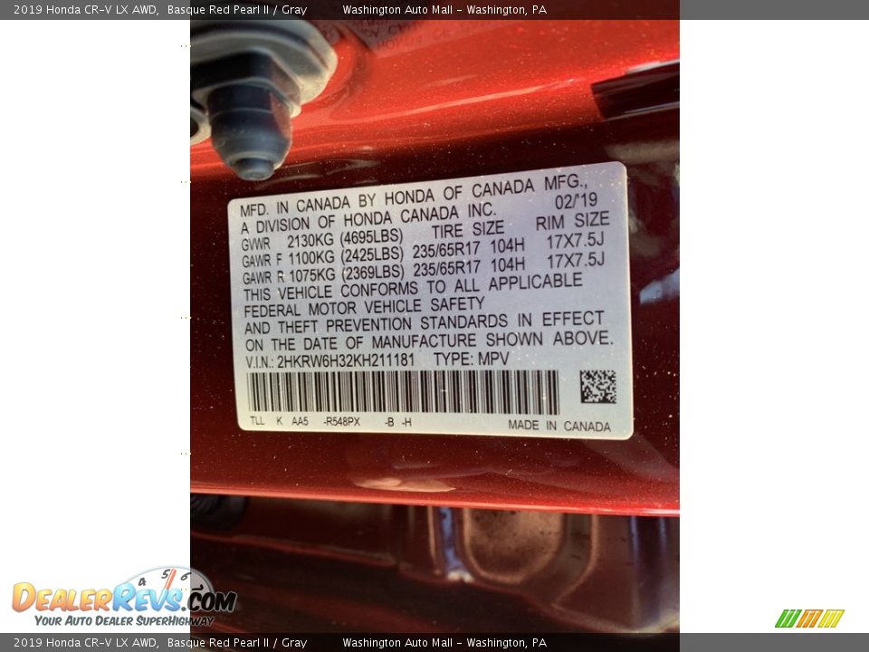 2019 Honda CR-V LX AWD Basque Red Pearl II / Gray Photo #14