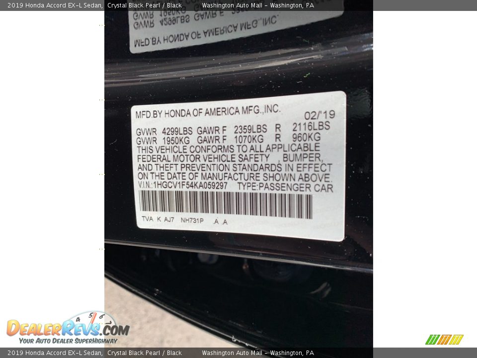2019 Honda Accord EX-L Sedan Crystal Black Pearl / Black Photo #14