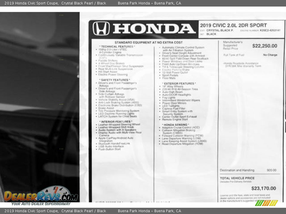 2019 Honda Civic Sport Coupe Crystal Black Pearl / Black Photo #33