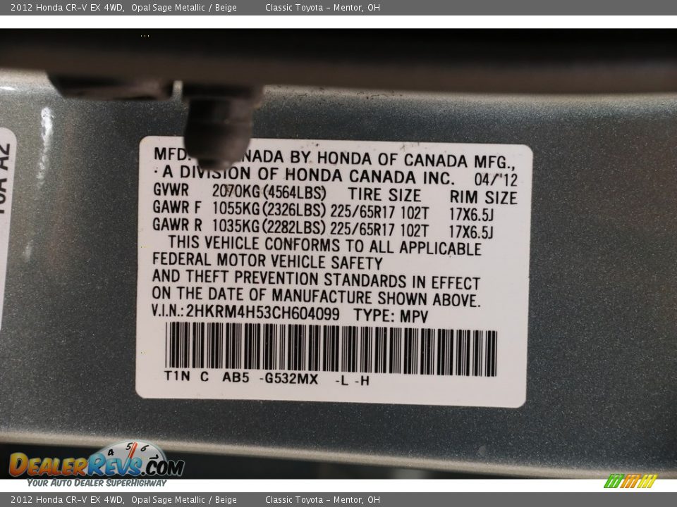 2012 Honda CR-V EX 4WD Opal Sage Metallic / Beige Photo #21