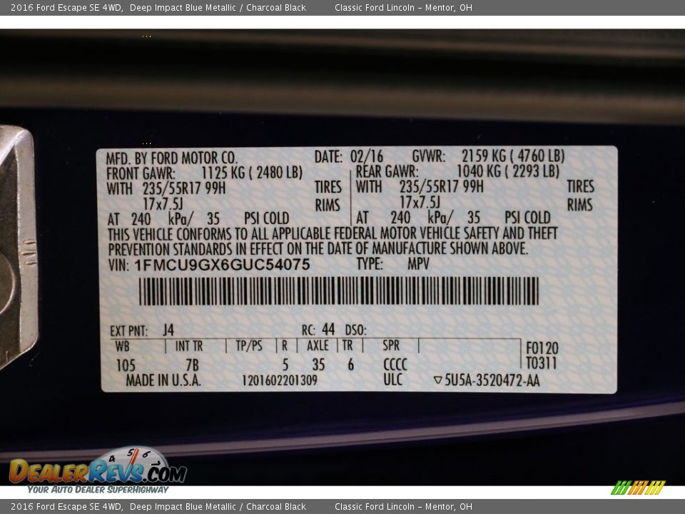 2016 Ford Escape SE 4WD Deep Impact Blue Metallic / Charcoal Black Photo #23