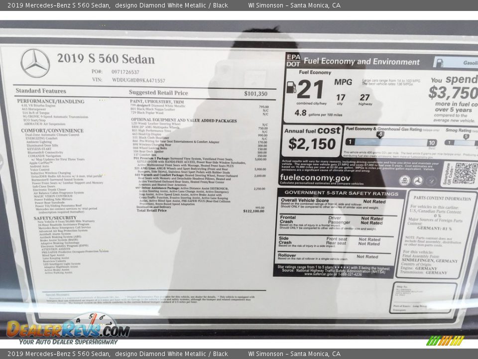 2019 Mercedes-Benz S 560 Sedan designo Diamond White Metallic / Black Photo #10