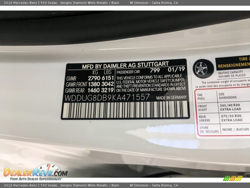 2019 Mercedes-Benz S 560 Sedan designo Diamond White Metallic / Black Photo #11