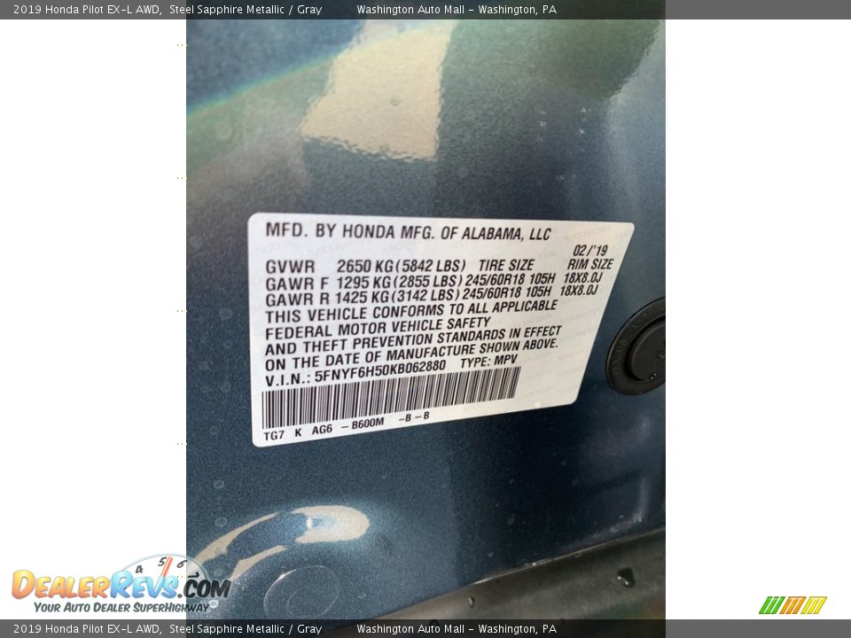2019 Honda Pilot EX-L AWD Steel Sapphire Metallic / Gray Photo #14