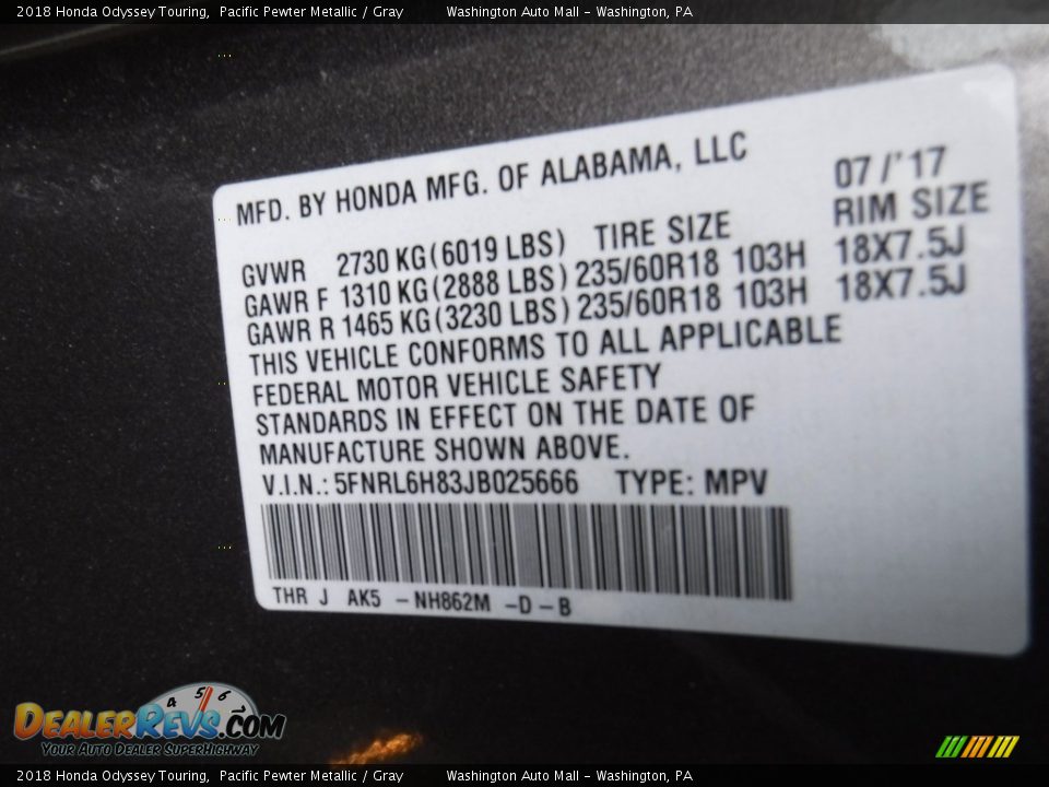 2018 Honda Odyssey Touring Pacific Pewter Metallic / Gray Photo #31
