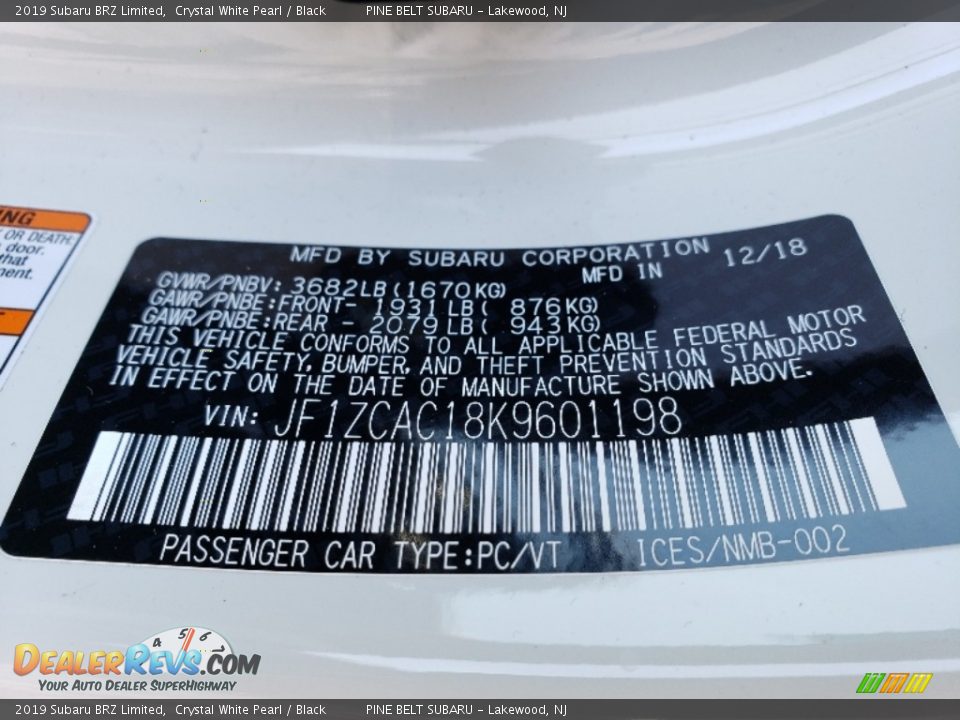 2019 Subaru BRZ Limited Crystal White Pearl / Black Photo #9