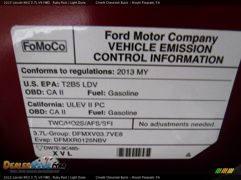 2013 Lincoln MKZ 3.7L V6 FWD Ruby Red / Light Dune Photo #11