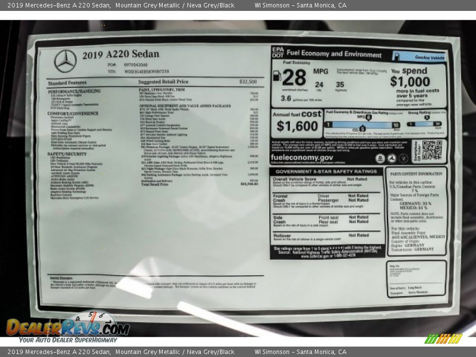 2019 Mercedes-Benz A 220 Sedan Window Sticker Photo #17