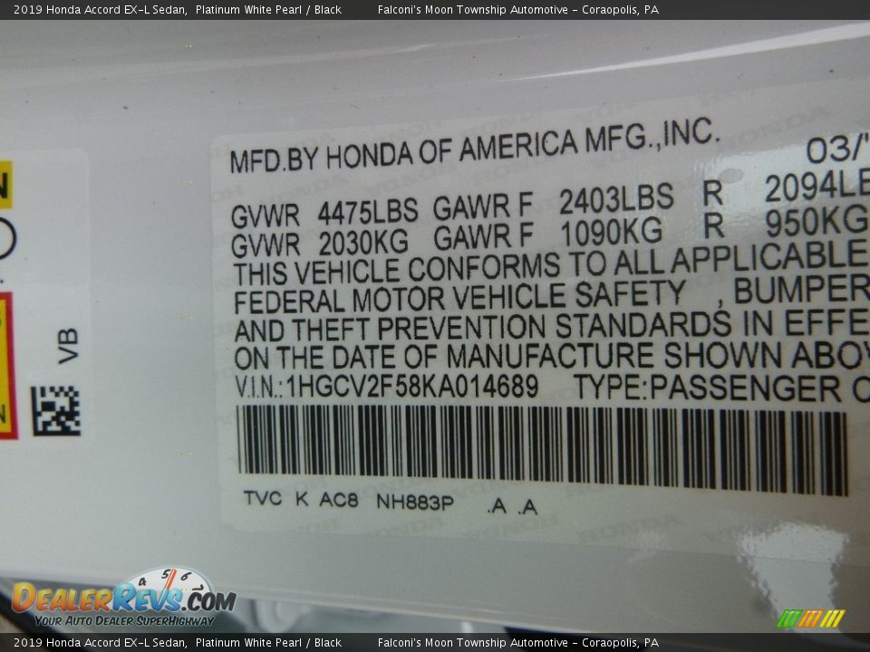 2019 Honda Accord EX-L Sedan Platinum White Pearl / Black Photo #12