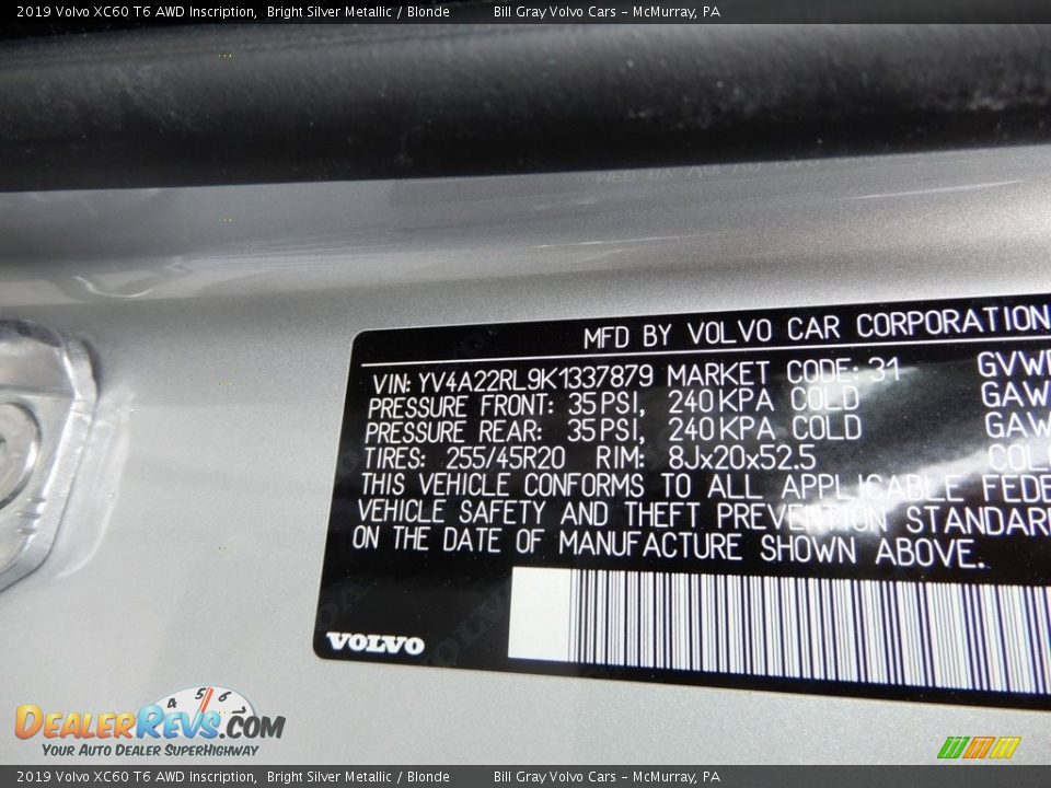 2019 Volvo XC60 T6 AWD Inscription Bright Silver Metallic / Blonde Photo #10