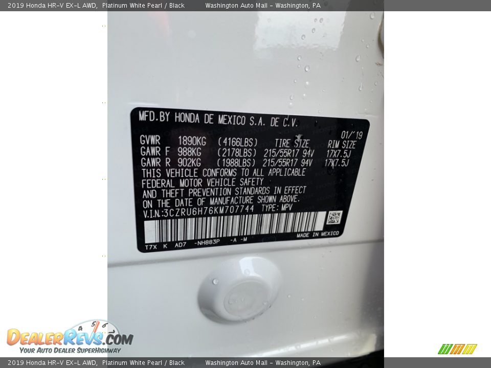 2019 Honda HR-V EX-L AWD Platinum White Pearl / Black Photo #14
