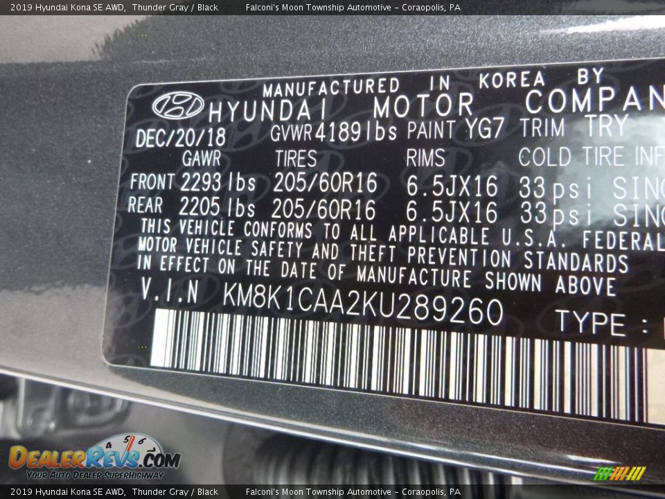 2019 Hyundai Kona SE AWD Thunder Gray / Black Photo #12
