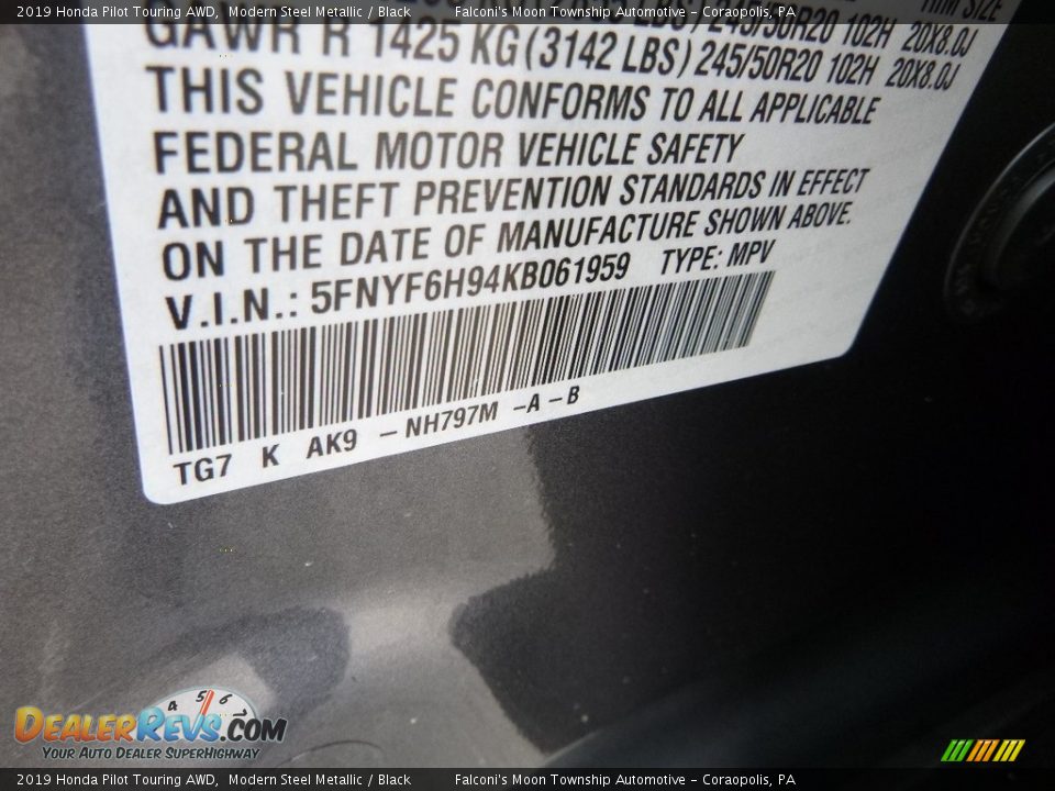 2019 Honda Pilot Touring AWD Modern Steel Metallic / Black Photo #12