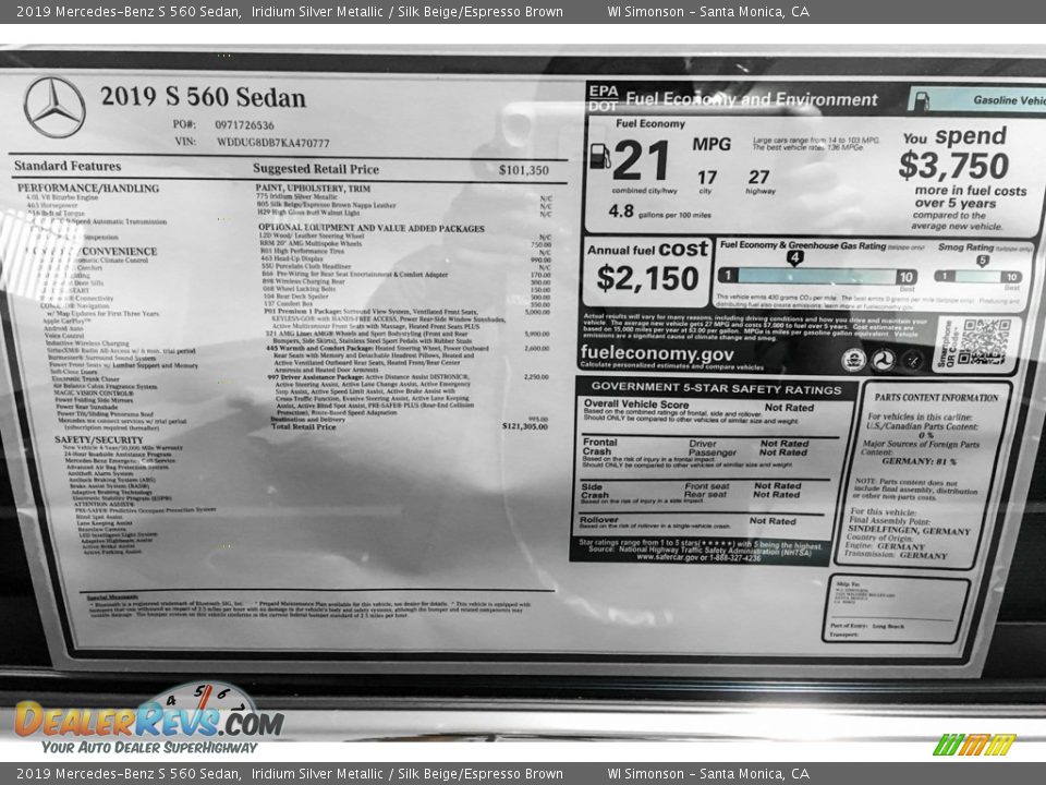 2019 Mercedes-Benz S 560 Sedan Iridium Silver Metallic / Silk Beige/Espresso Brown Photo #10