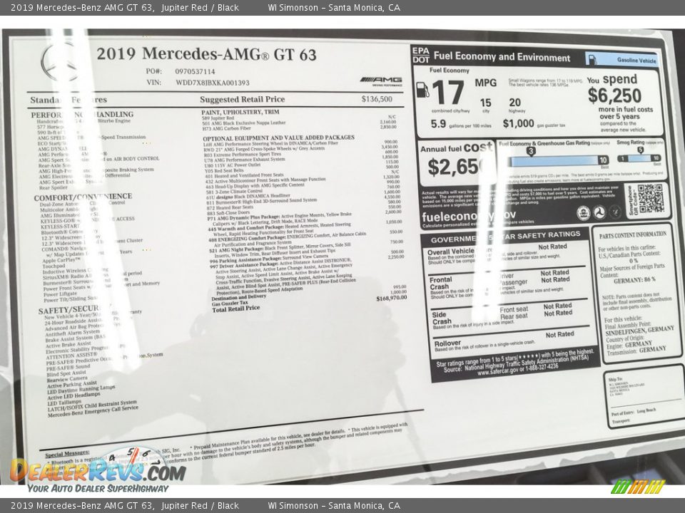 2019 Mercedes-Benz AMG GT 63 Window Sticker Photo #10