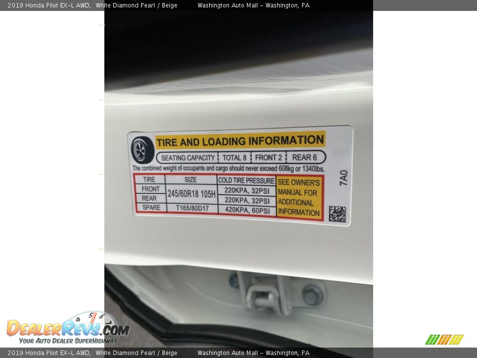 2019 Honda Pilot EX-L AWD White Diamond Pearl / Beige Photo #12