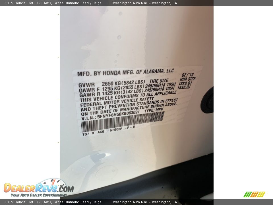 2019 Honda Pilot EX-L AWD White Diamond Pearl / Beige Photo #13