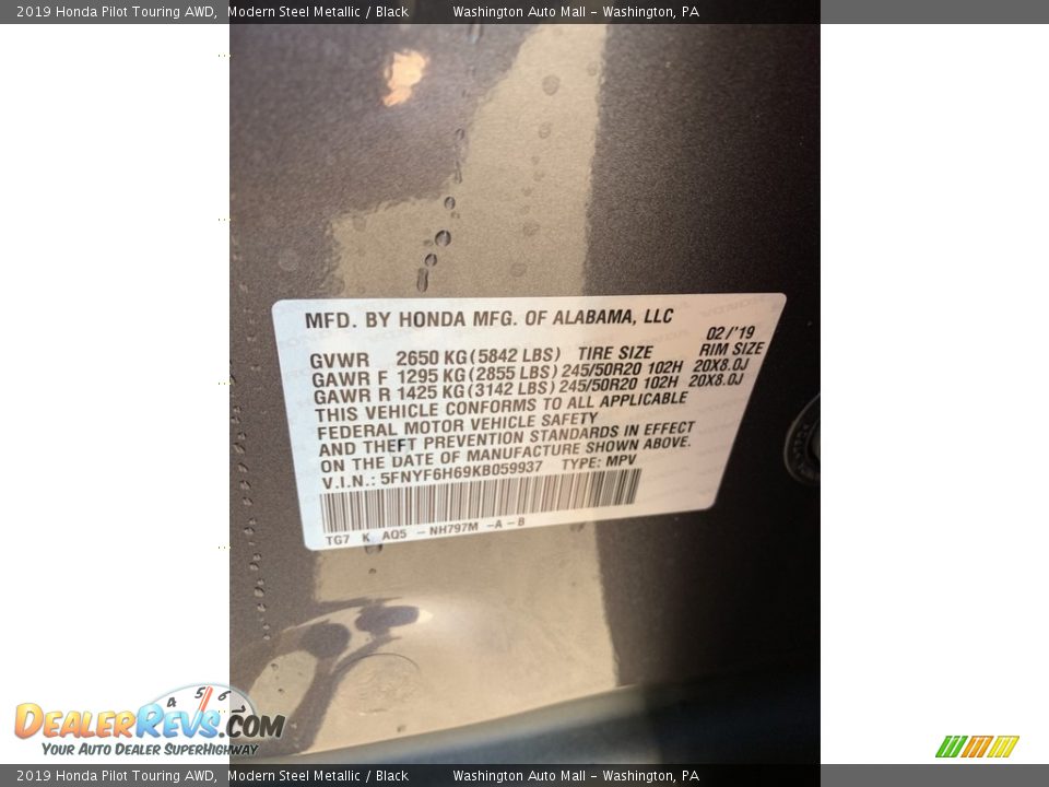 2019 Honda Pilot Touring AWD Modern Steel Metallic / Black Photo #14