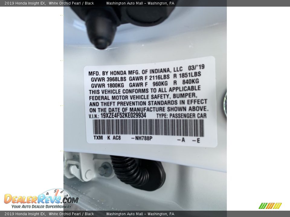 2019 Honda Insight EX White Orchid Pearl / Black Photo #14