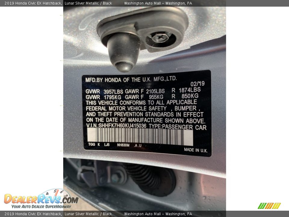 2019 Honda Civic EX Hatchback Lunar Silver Metallic / Black Photo #14