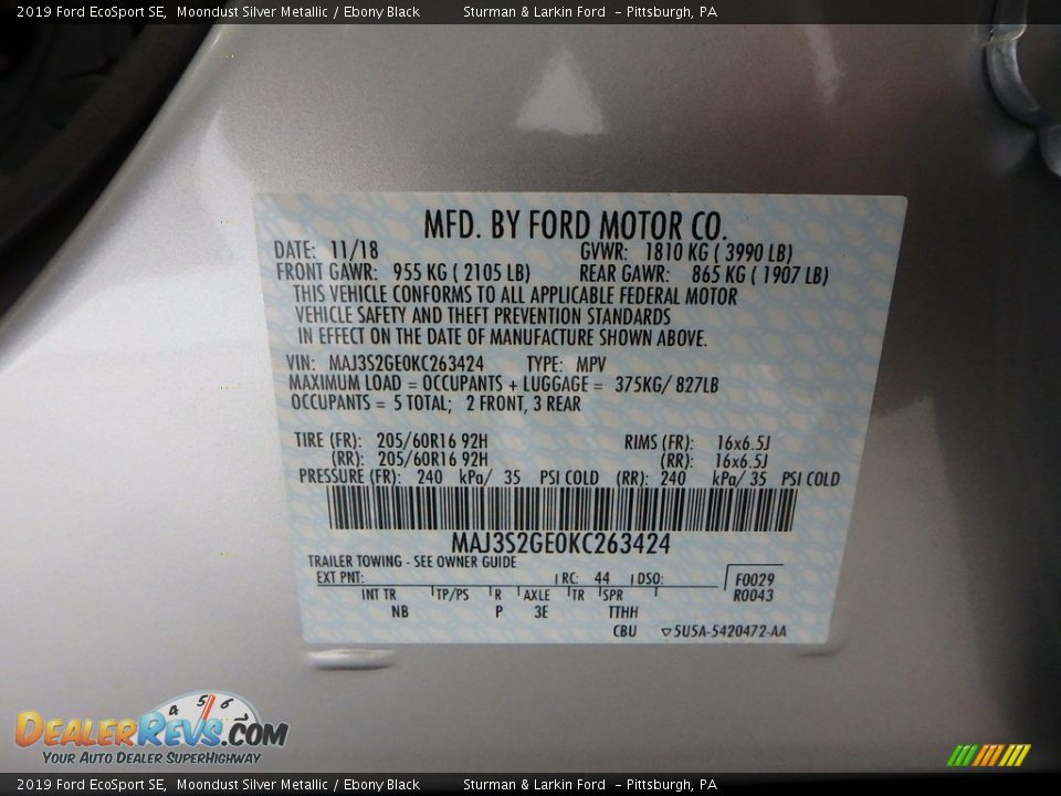 2019 Ford EcoSport SE Moondust Silver Metallic / Ebony Black Photo #11