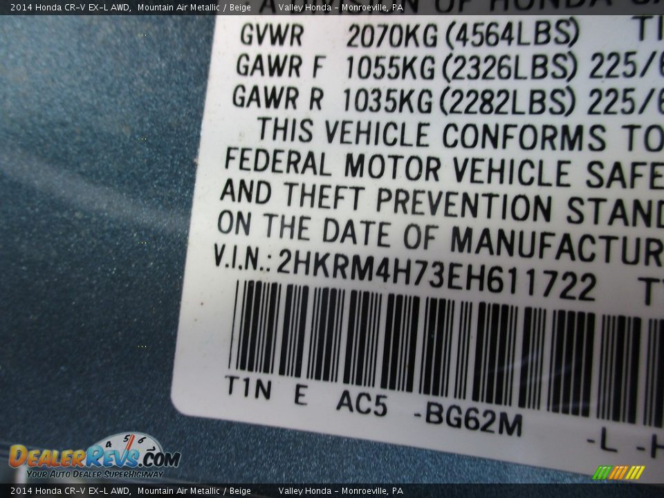 2014 Honda CR-V EX-L AWD Mountain Air Metallic / Beige Photo #19