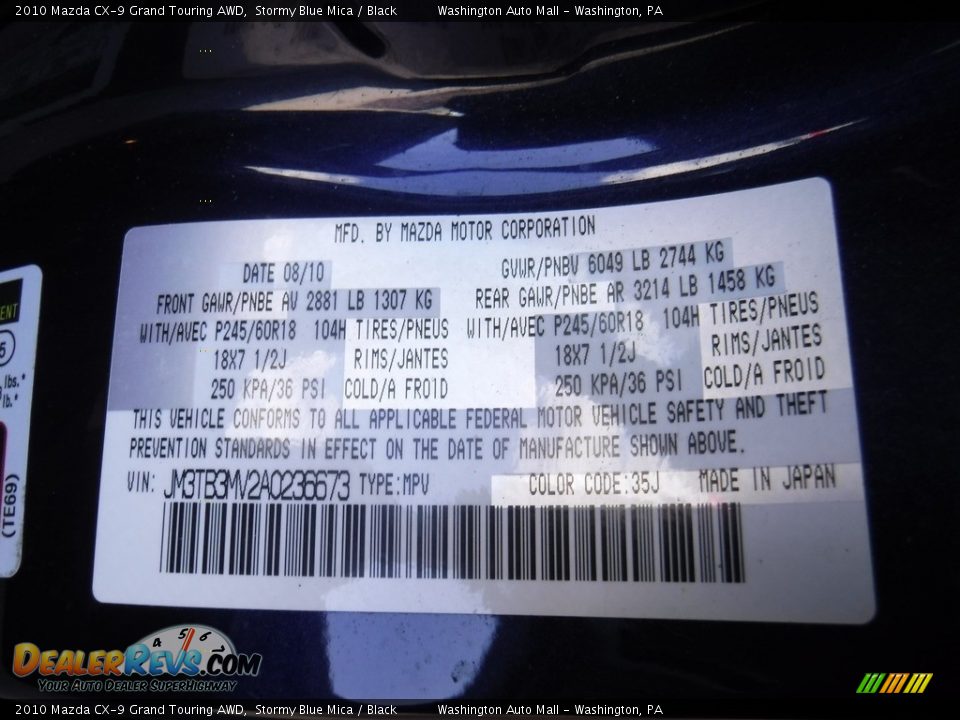 2010 Mazda CX-9 Grand Touring AWD Stormy Blue Mica / Black Photo #25