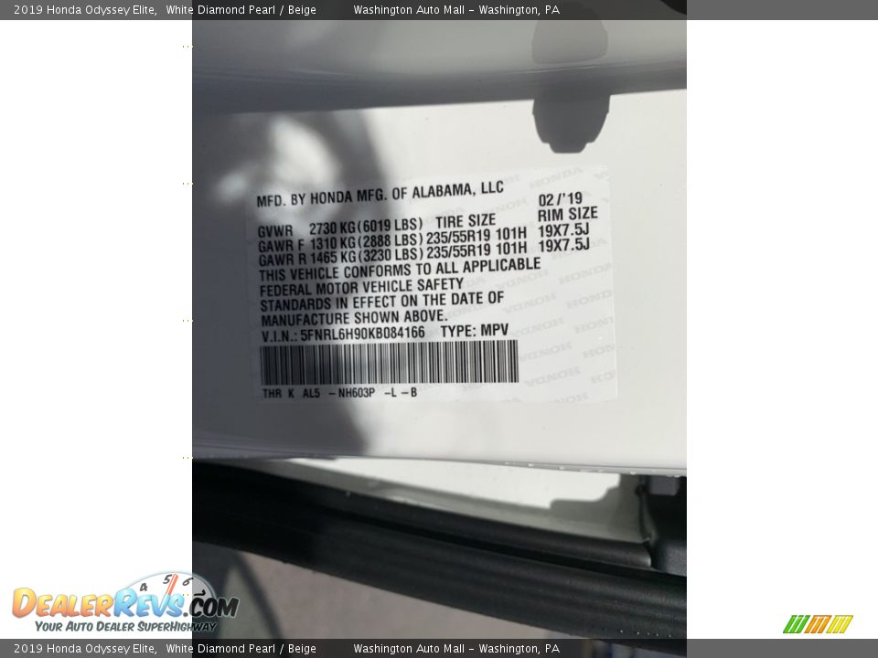 2019 Honda Odyssey Elite White Diamond Pearl / Beige Photo #14