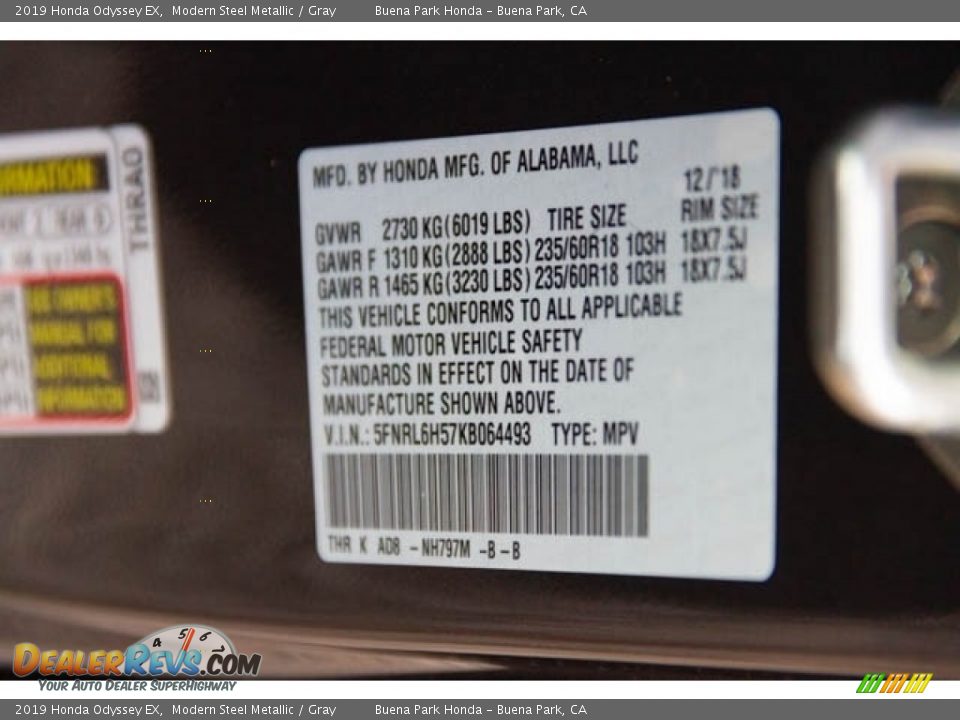 2019 Honda Odyssey EX Modern Steel Metallic / Gray Photo #18