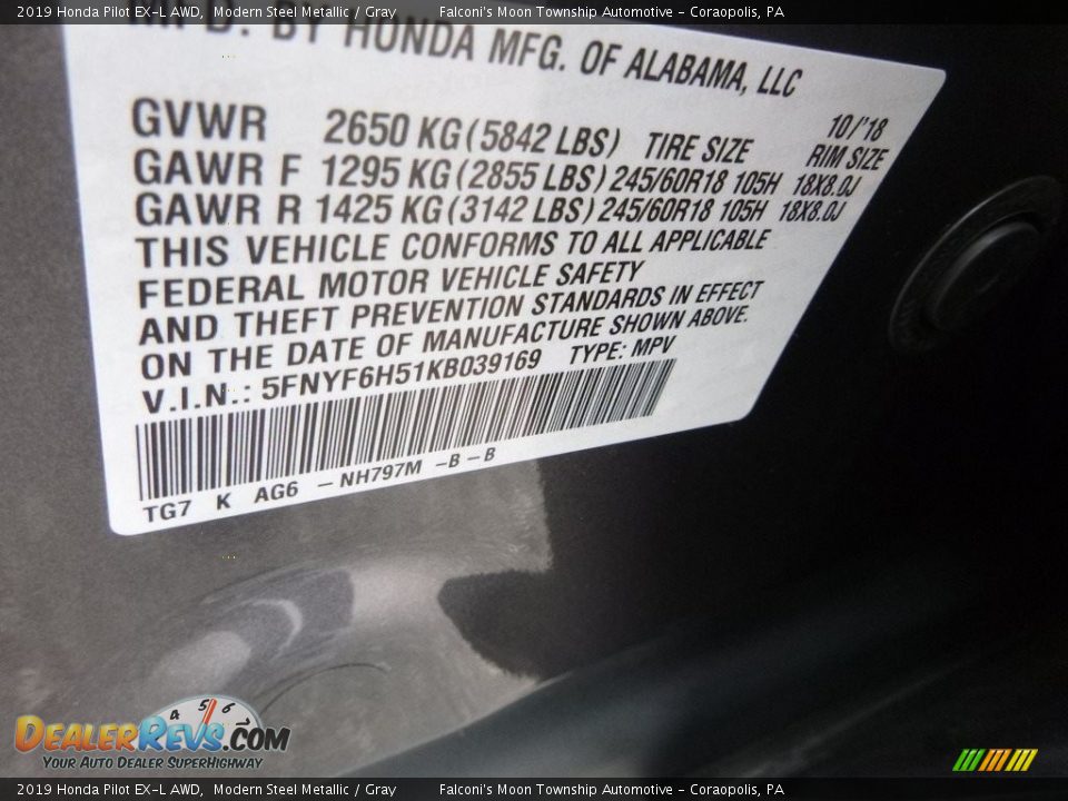 2019 Honda Pilot EX-L AWD Modern Steel Metallic / Gray Photo #12