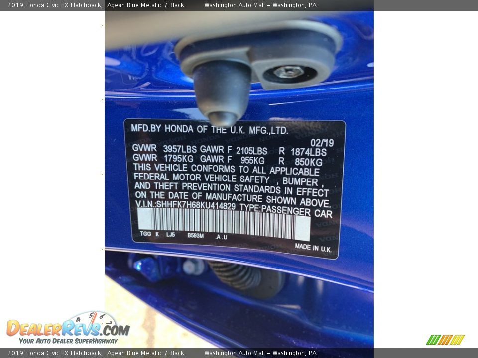 2019 Honda Civic EX Hatchback Agean Blue Metallic / Black Photo #14