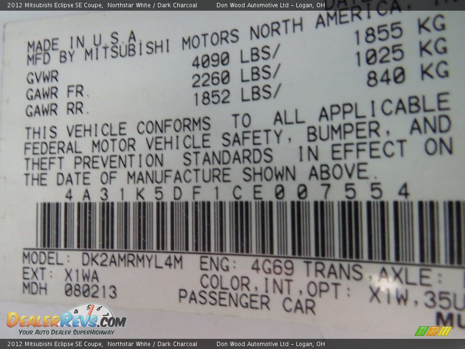 2012 Mitsubishi Eclipse SE Coupe Northstar White / Dark Charcoal Photo #34