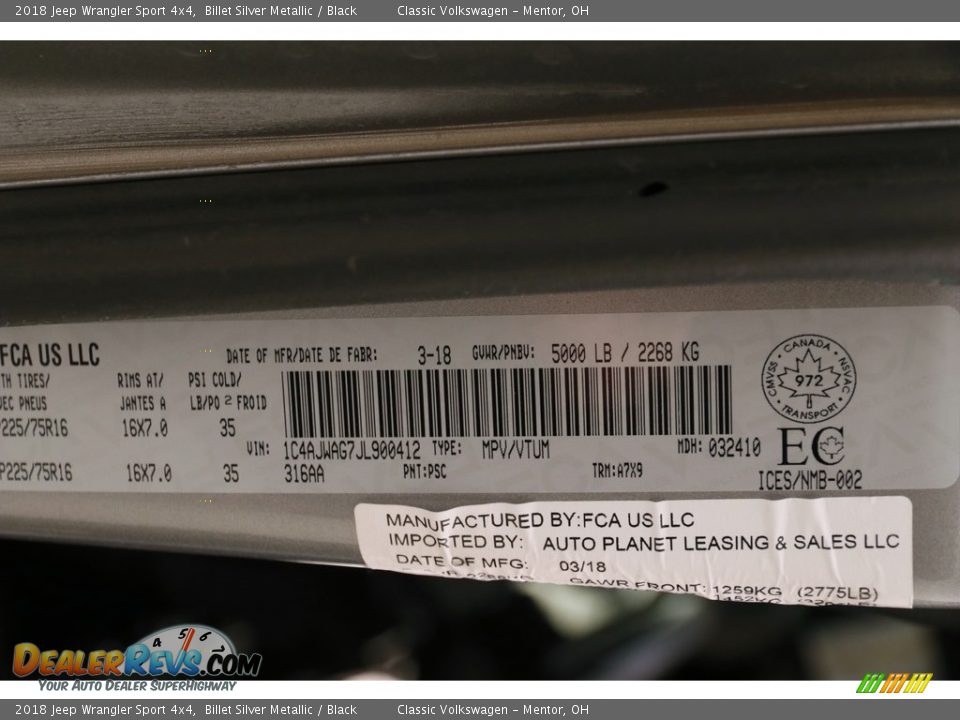 2018 Jeep Wrangler Sport 4x4 Billet Silver Metallic / Black Photo #17
