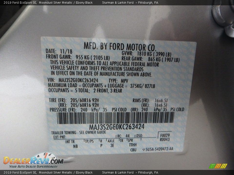 2019 Ford EcoSport SE Moondust Silver Metallic / Ebony Black Photo #11