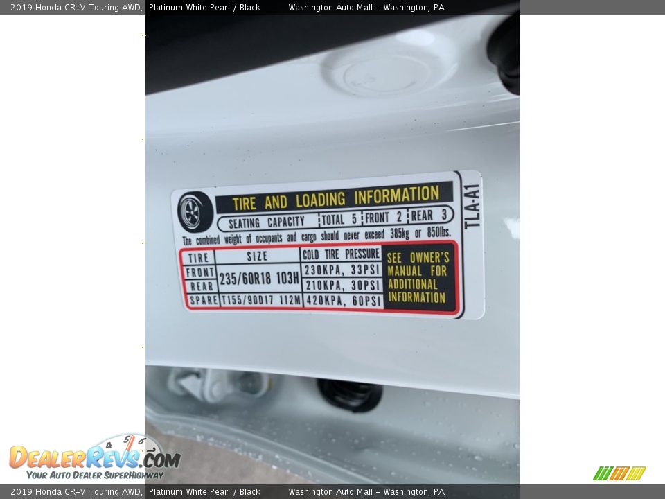 2019 Honda CR-V Touring AWD Platinum White Pearl / Black Photo #13