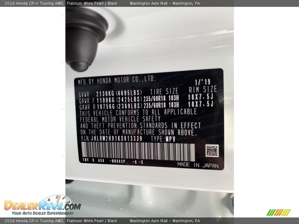 2019 Honda CR-V Touring AWD Platinum White Pearl / Black Photo #14