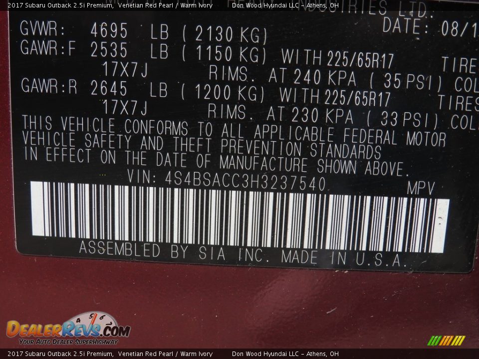 2017 Subaru Outback 2.5i Premium Venetian Red Pearl / Warm Ivory Photo #36