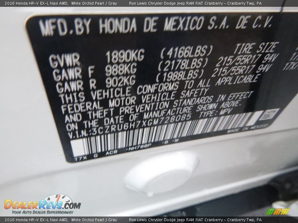 2016 Honda HR-V EX-L Navi AWD White Orchid Pearl / Gray Photo #16