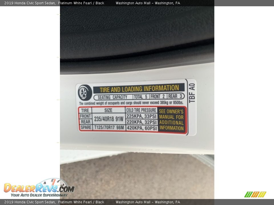 2019 Honda Civic Sport Sedan Platinum White Pearl / Black Photo #13