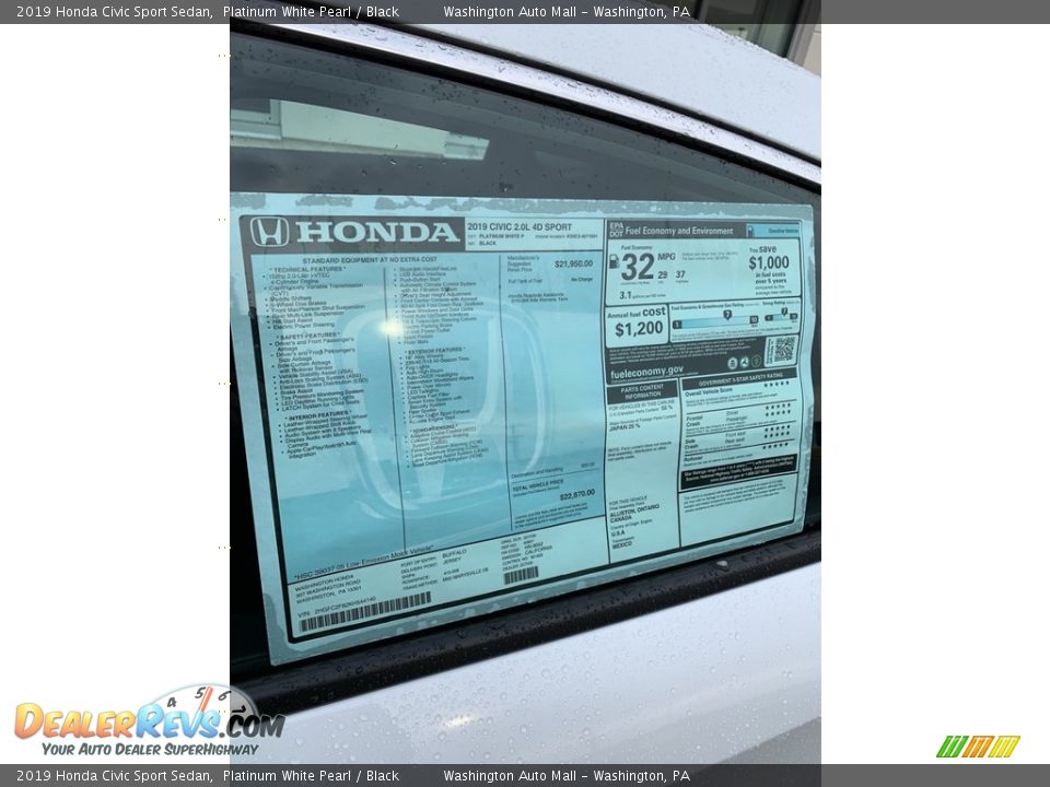 2019 Honda Civic Sport Sedan Platinum White Pearl / Black Photo #15