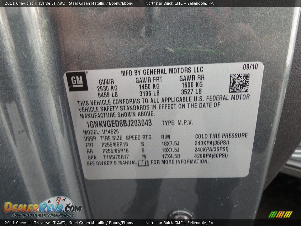 2011 Chevrolet Traverse LT AWD Steel Green Metallic / Ebony/Ebony Photo #20