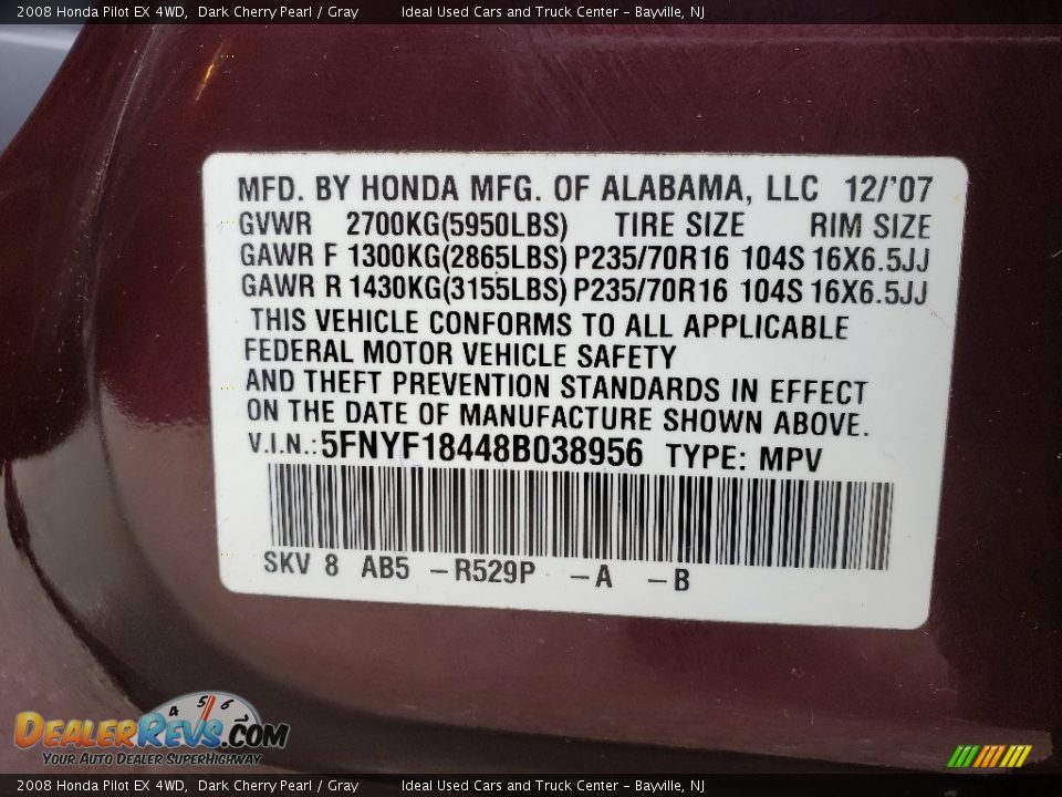 2008 Honda Pilot EX 4WD Dark Cherry Pearl / Gray Photo #22